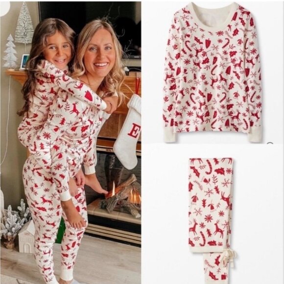 HANNA ANDERSSON Red + White Long John Unisex Christmas Pajama Set Size XXL - Picture 1 of 16